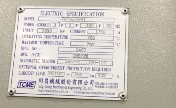 TCME furnace electric specification panel